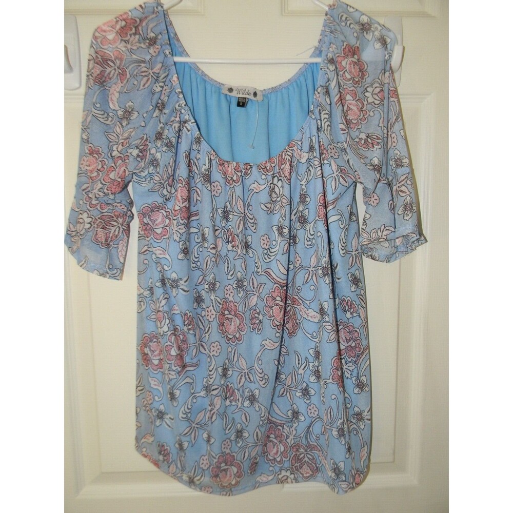 Wilde Blouse Blue Black Floral Size Sz S Career Dressy Spring Lightweight NWOT